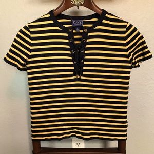 3/$20 Chaps Striped Cross Lace Blouse